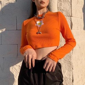 Orange Daisy Long-Sleeve Crop Top